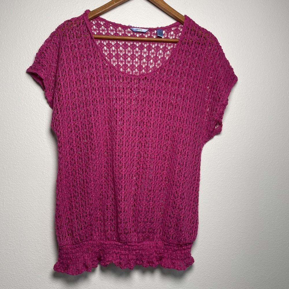 IZOD Women L Pink Crochet Top Boho Chic Open Knit Smocked Hem Beach Knit Cover
